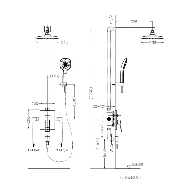 Polished surface mounted rain shower china rough in shower modern