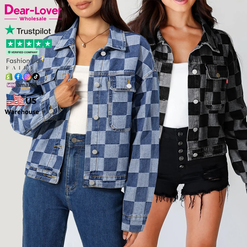 Dear-Lover Wholesale OEM ODM Private Label Custom Fashion New Plaid Checkered Patchwork Button Up Denim Jeans Jacket For Women