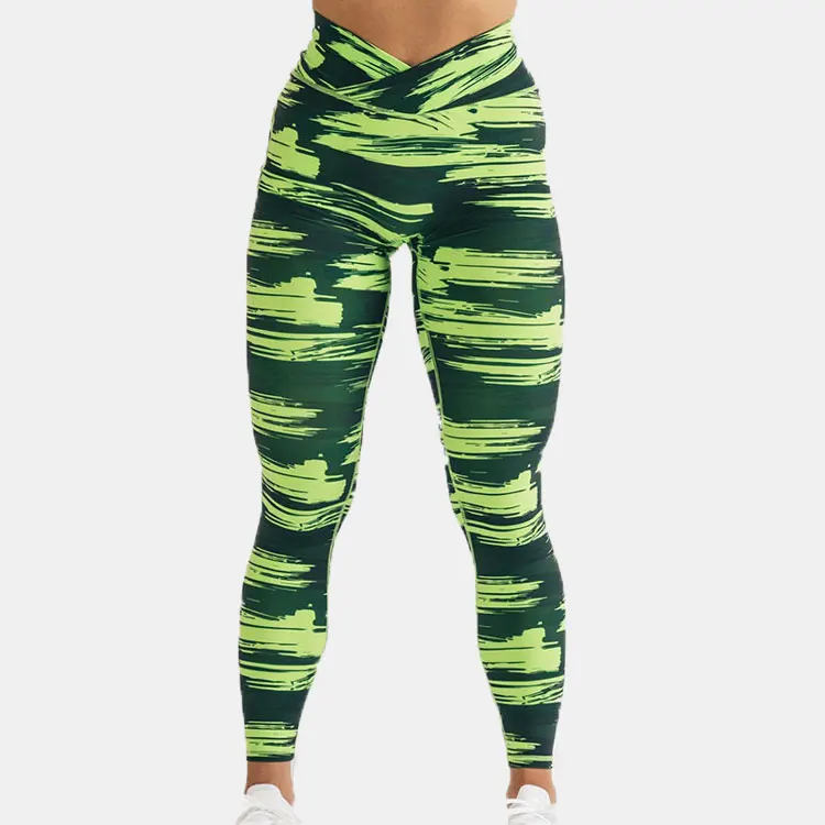 Women v-shape printed gym fitness squat poof yoga wear compression nylon spandex leggings