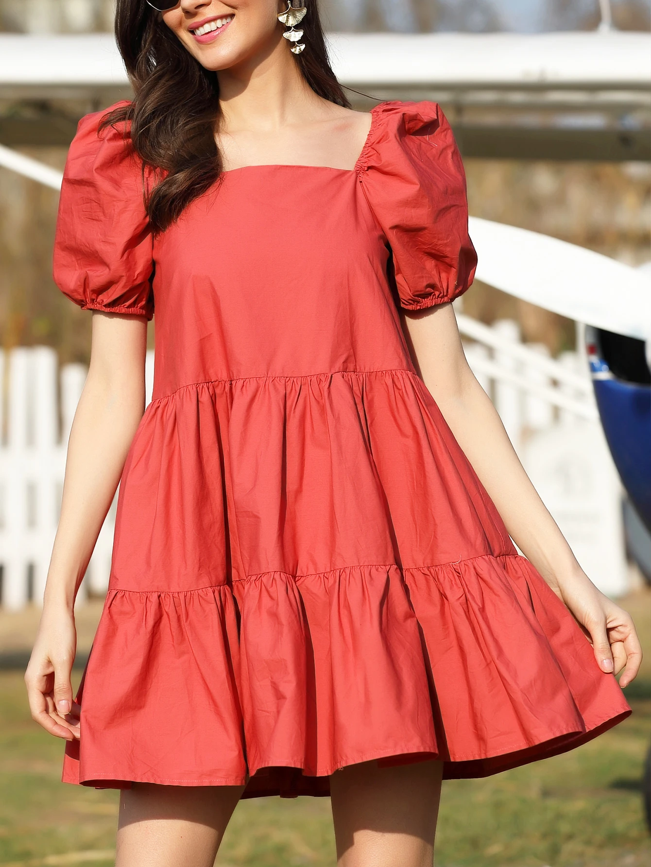 2021 New arrival sweetie Puff Sleeve  Solid Color Square Collar Summer Shorts Sleeve ladies Dress