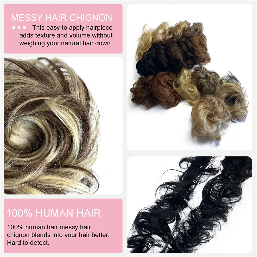 Hot Selling Human Hair Wrap Curly Scrunchie Messy Hair Bun Extensions Chignon Hair For Women