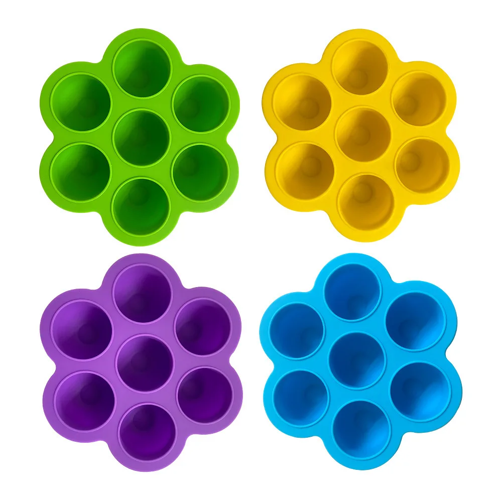 Cookware Reusable Stocked Large 7 Grids Silicone Baby Food Container Egg Steamer Ice Cube Tray with Lid
