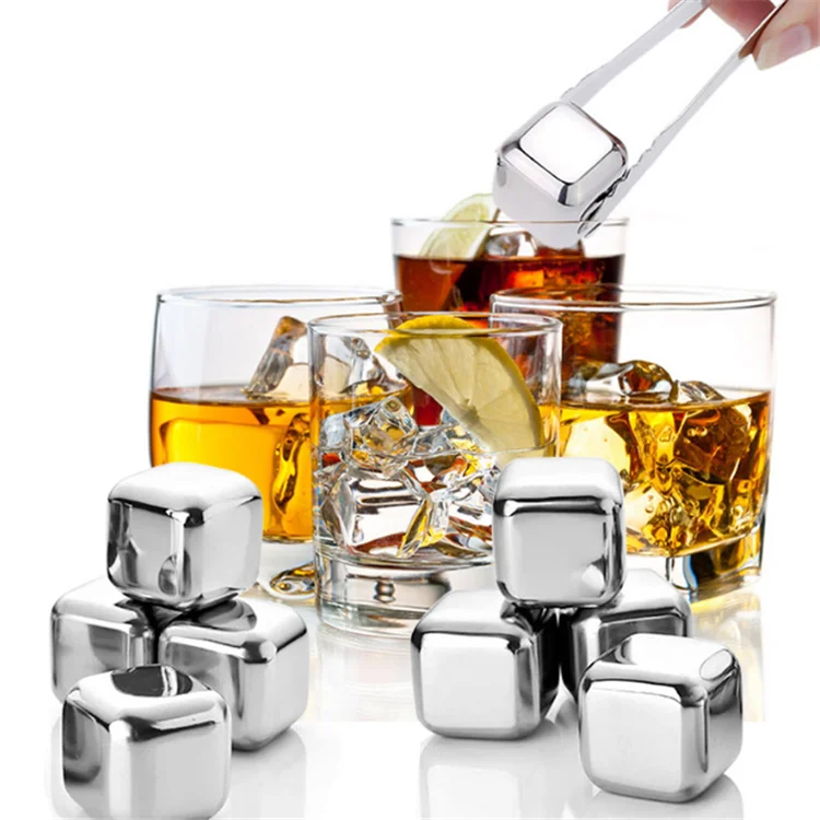 AIHPO21 Stainless Steel Pack of 8 Reusable Ice Cubes Chilling Stones with Tongs & Freezer Storage Tray for Whiskey Wine