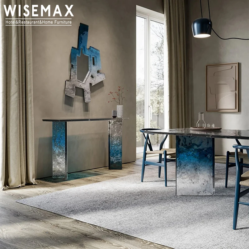WISEMAX FURNITURE Contemporary simple design home furniture irregular square resin blue dining table for hotel living room