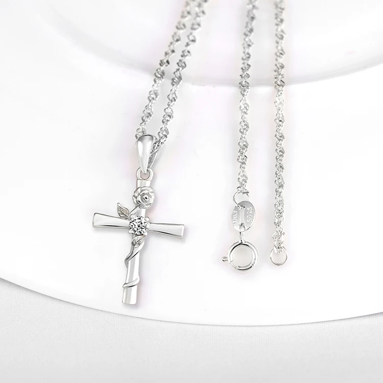Wholesale baptism gifts 925 silver rose cross necklace