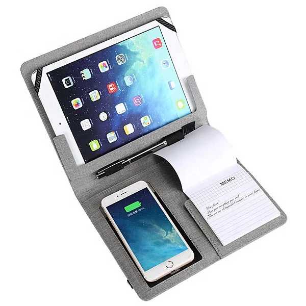 
Hot sale A5 leather Portfolio with power bank and wireless charger 