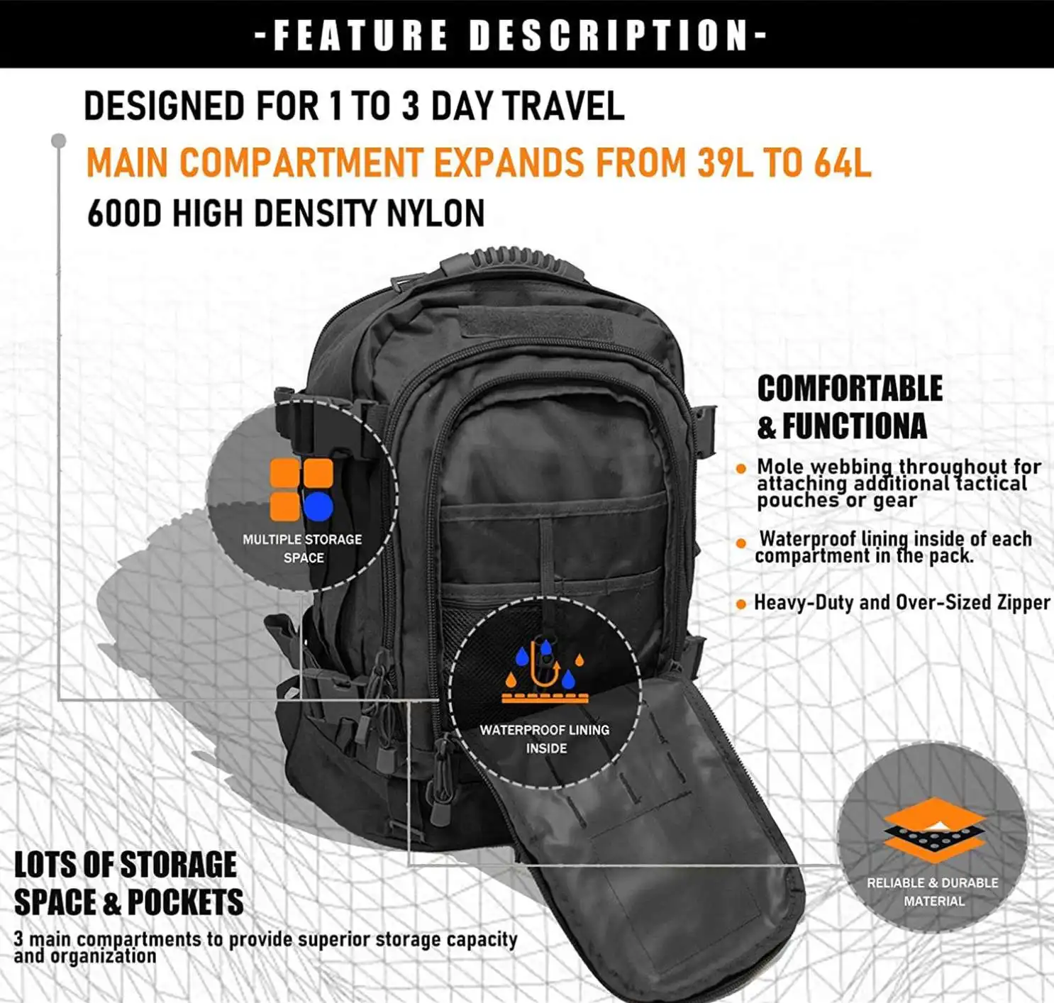 65L Custom Waterproof Black Traveling Hiking Camping Bug Out Tactical Range Molle Bag Backpack Rucksack