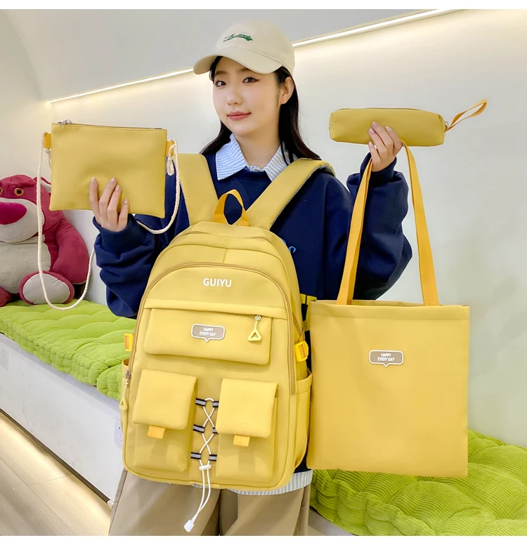 Simple Plain Color Schoolbag Set 4 Pcs Outdoor Waterproof Travel School Backpacks Mochilas Large Capacity Student Bag