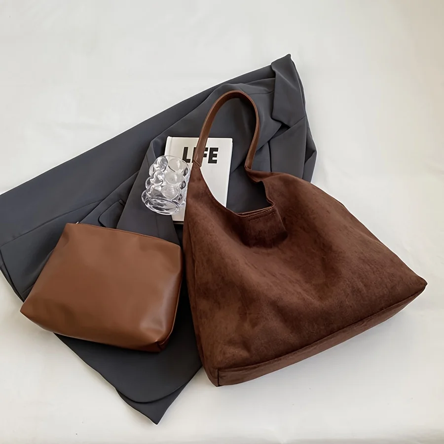 Luxury Daily Vintage Leather Suede Hobo Tote Bags Set Soft Large Women Brown Suede Shoulder Handbag Purse