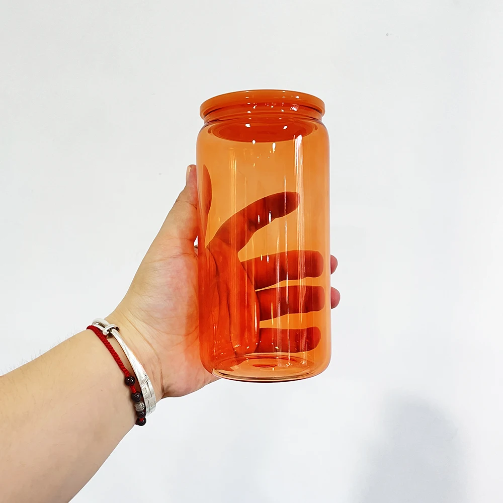 In Stock Colorful 16oz Beer Soda Glass Can with Plastic Lids USA Warehouse Colored Transparent Glass Can Shaped Drink Ware