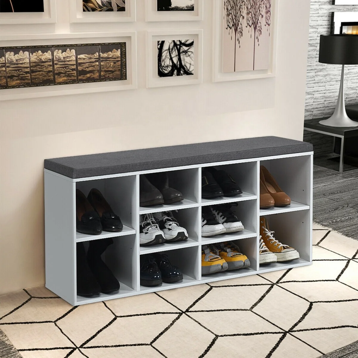 Wholesale 10 Slot entryway wooden Storage Cubby Shoe Bench Cabinet With Cushion, shoe bench with seat