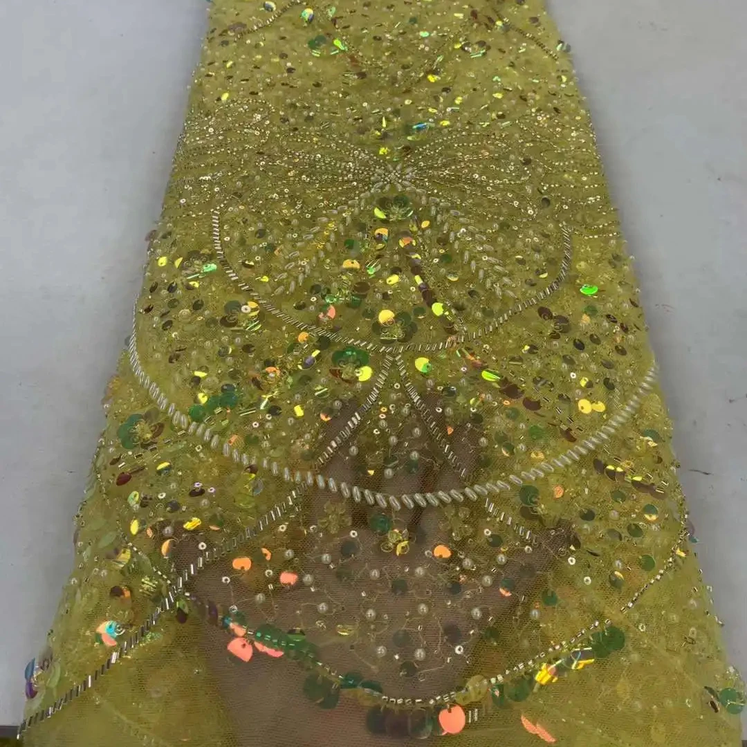 High quality sequin lace fabric with beads and pearl