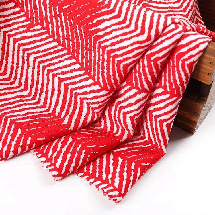 Shaoxing Viscose Manufacturer Supply Custom Red Stripe Designs 100% Rayon Printed Fabric Woven Fabric for Dress