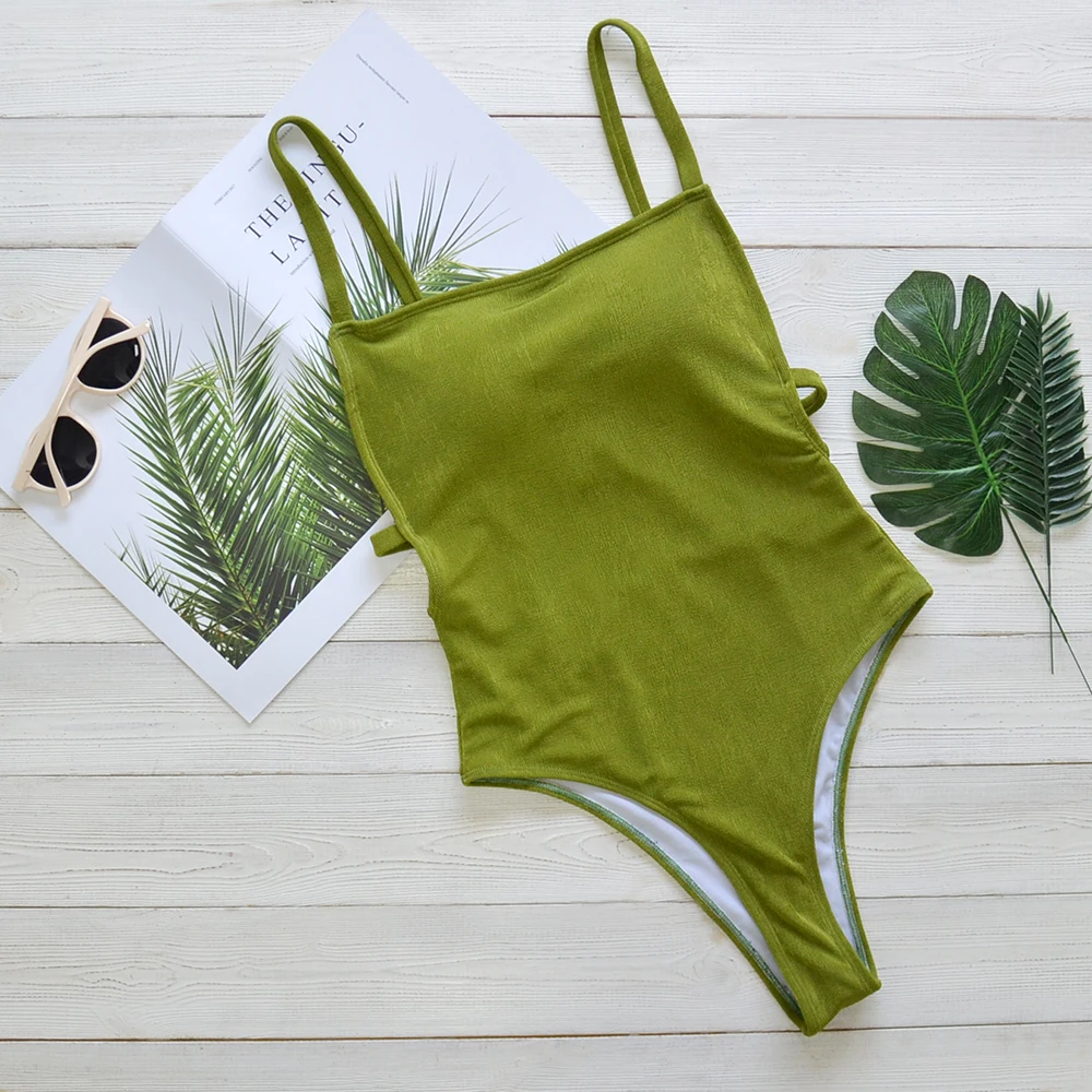 Solid Green Women Monokini Swimsuit Special Textured Fabric One Piece Swimwear Beach Bathing Suit String Sling Bikini Sexy Lady
