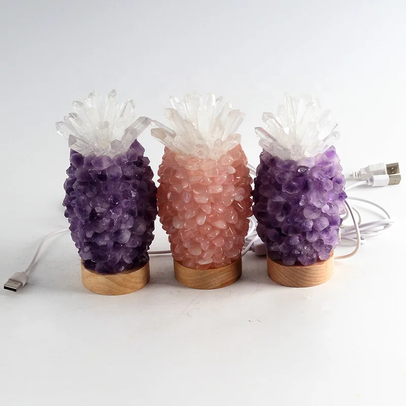 High quality handwork desk light pineapple natural crystal raw rough stone USB charging table lamps decorative room