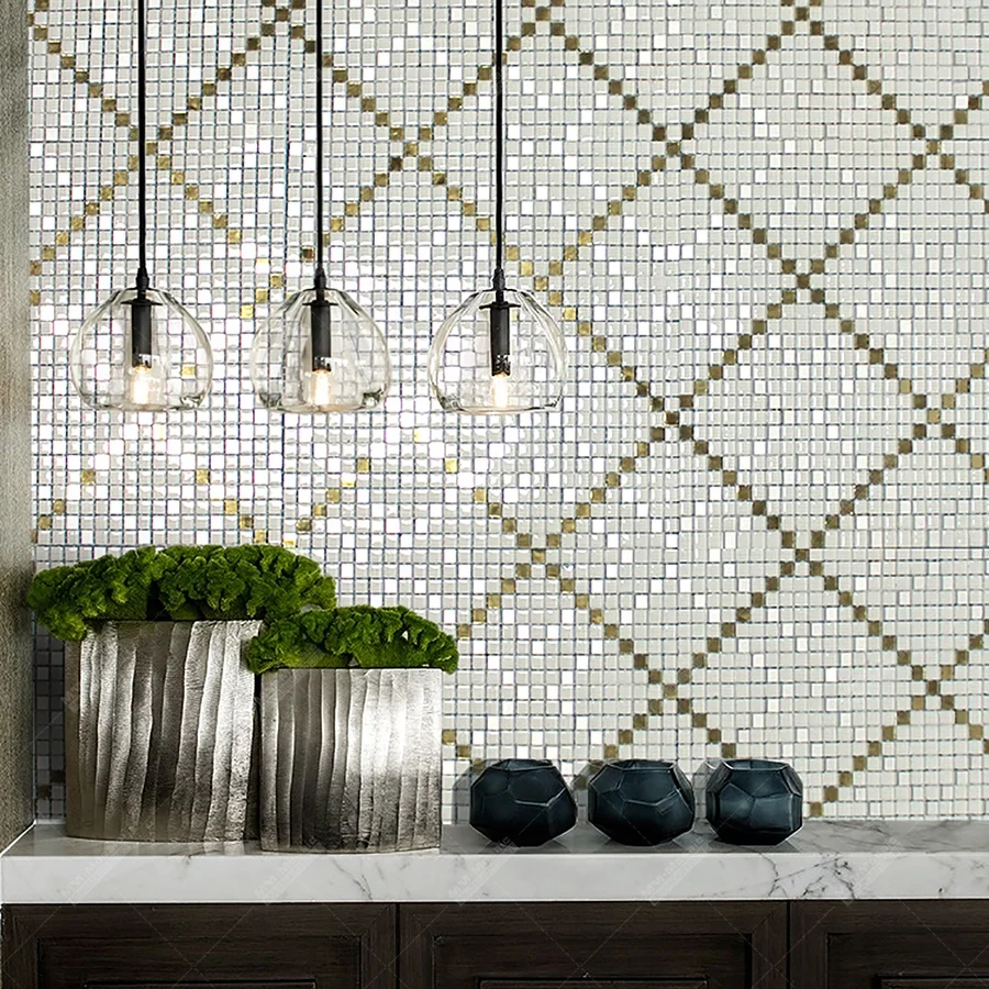 Custom Hand-cut Wall Mural Design White Gold Mosaic Glass Tiles Art Picture for Kitchen Backsplash Bathroom Hotel Wall Project