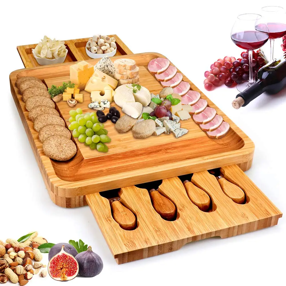Best sell Large Bamboo Cheese Cutting Plates Board Set and Knife Set With Hidden Slide Drawers Wood Charcuterie Platter Board