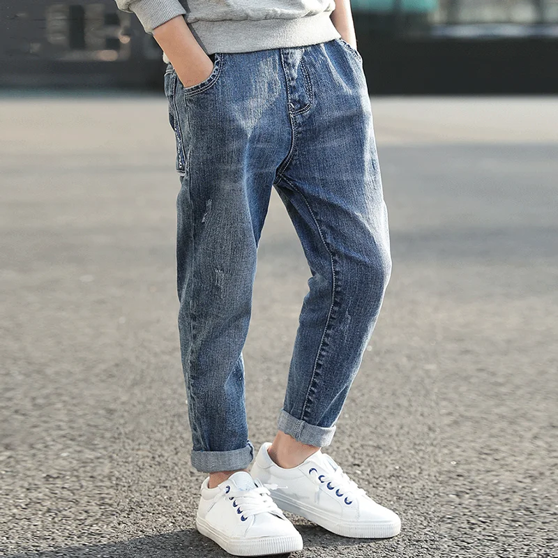 Wholesale Bulk Kids Jeans Denim Pants Children Soft Comfortable Stretch Elastic Waist Trousers Loose Small Foot Button Casual