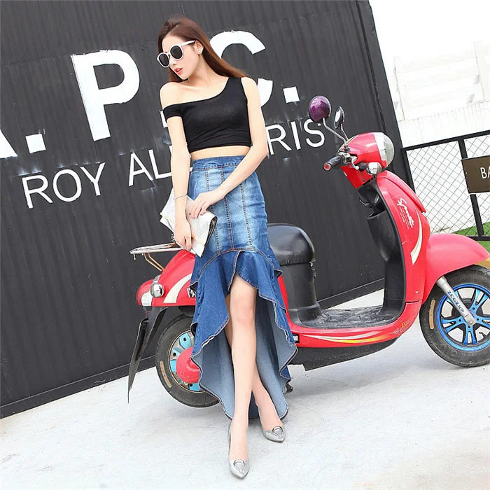 Lady Long Denim Skirt High Waist Gradient Tassel Jeans dresses Trumpet Cool Fish Tail Mermaid Bohemian Maxi Skirts