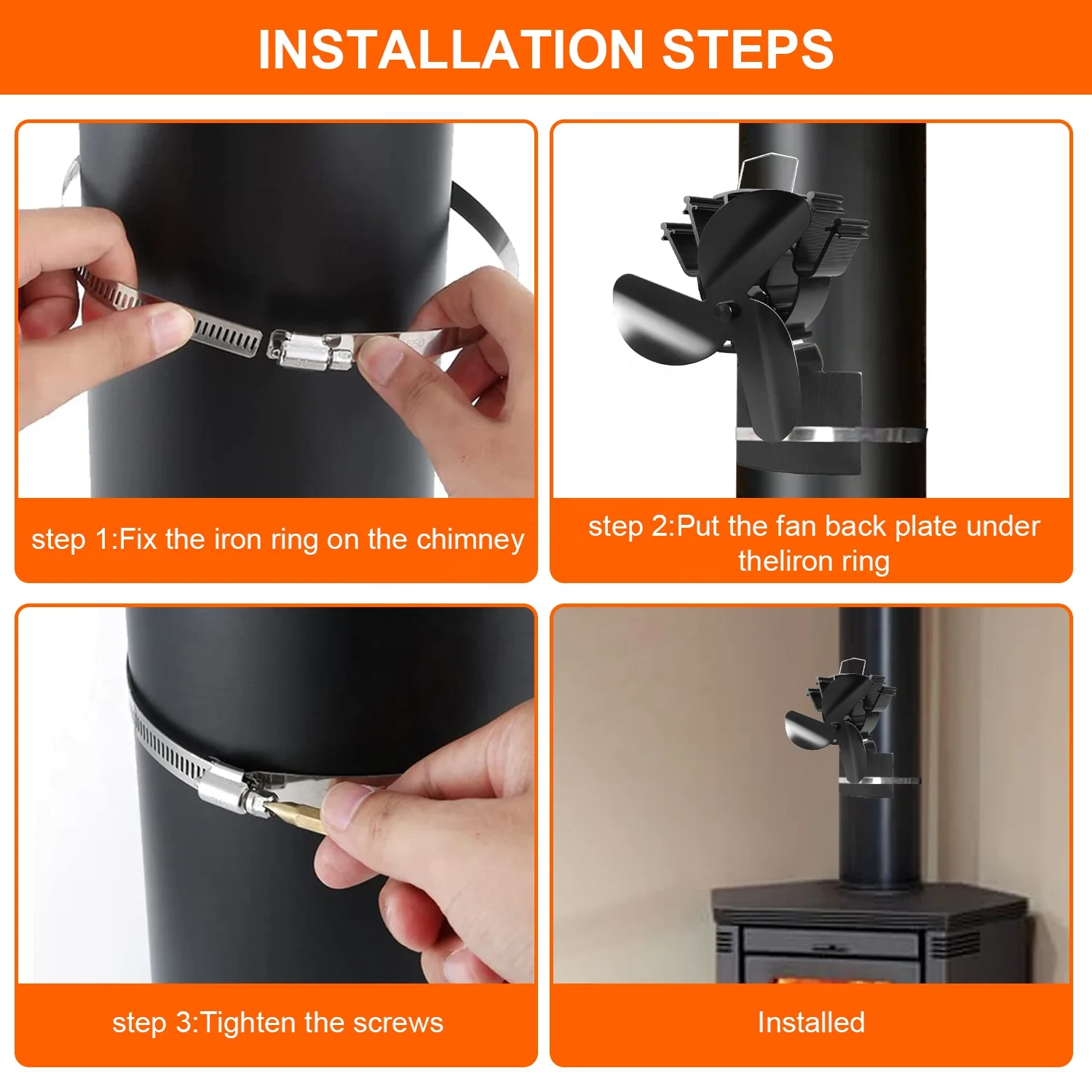 Heat Powered Wood 3 Blades Stove Fan on Chimney with Silent Motors Push Horizontal Air Flow  for Wood Burning Stove/Gas/Pellet