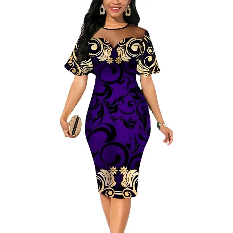 Y308030 Elegant Purple Print Party Dress for Women Sexy Mesh Short Sleeve Slim Office Lady Bodycon Dresses Summer OL Vestidos