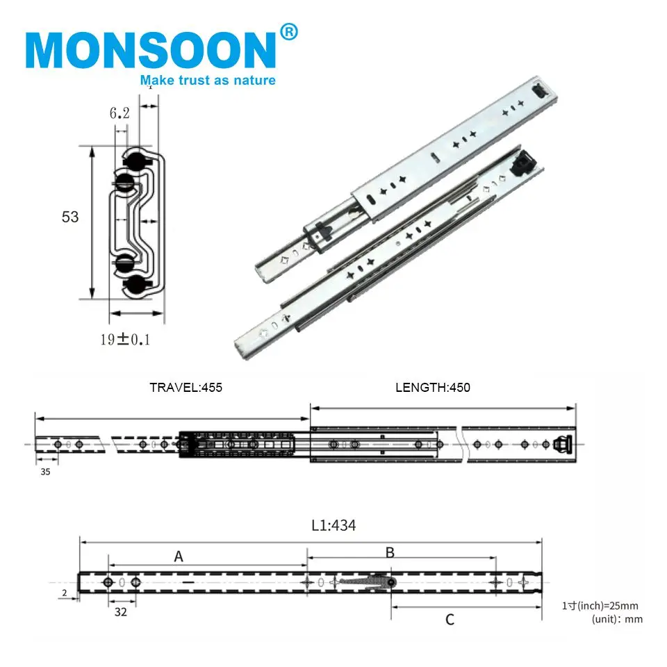 Heavy Duty industrial drawer slide runners telescopic hydraulic channel soft close 53mm kitchen heavy duty drawer slide