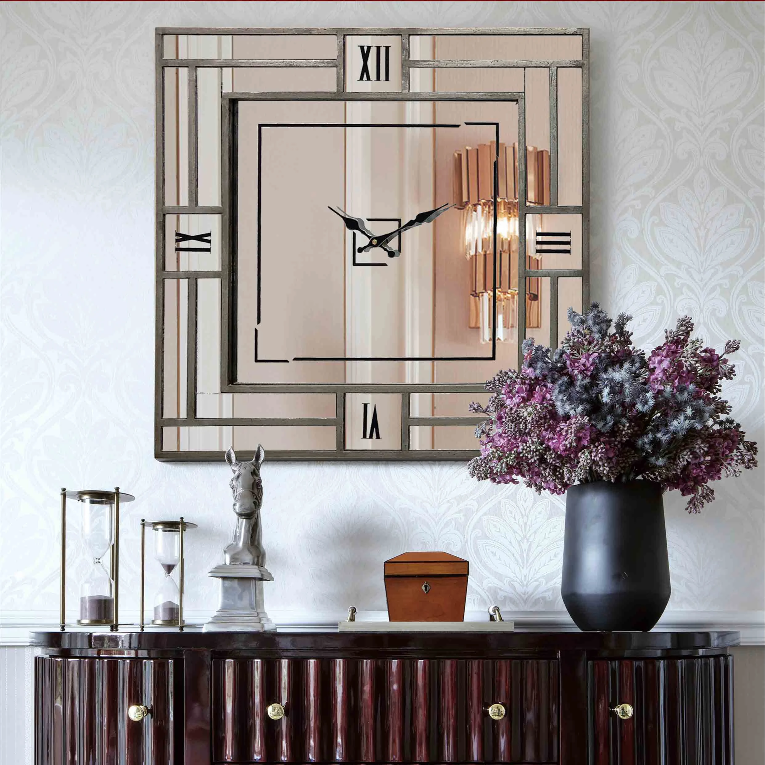 Classic Luxury 24 inch Large Size Square MDF 3D Mirror Wall Clock In Distressed Wooden MDF Frame