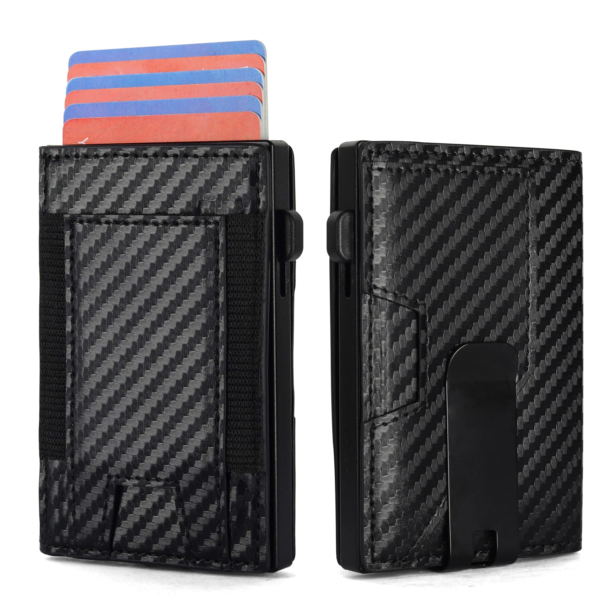 Custom Carbon Fiber PU Leather Pop Up Credit Card Holder Wallet RFID Blocking Metal Aluminum Mans Wallet With Money Clip