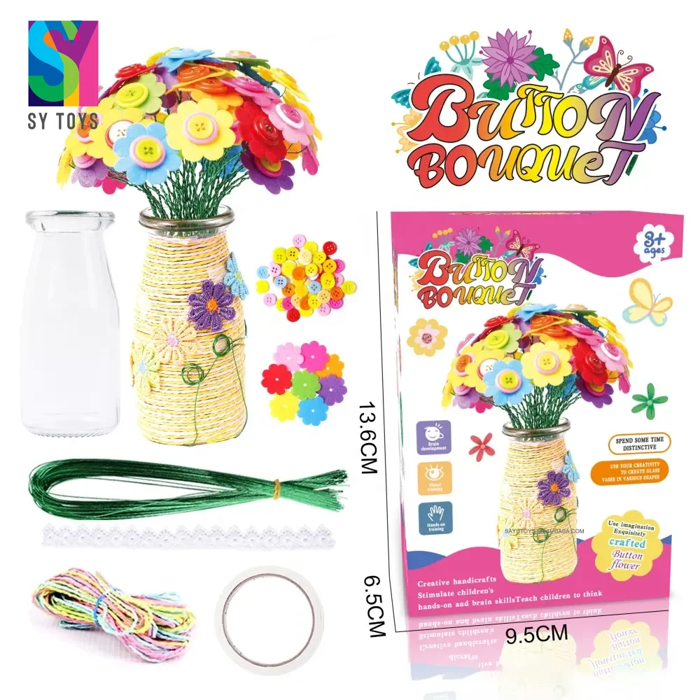 SY Handmade Button Bouquet Fabric Flower Toys for Kids DIY Arts and Crafts Set Unisex for 2-4 Years