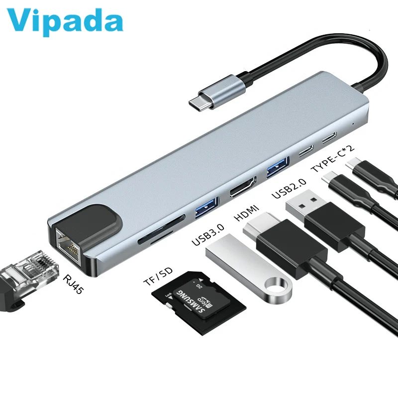 New 8 in 1 USB C Adapter PD SD/TF Card Reader RJ45 USB 3.0 Type C Hub Multi Port Laptop Docking Station USB C Hub