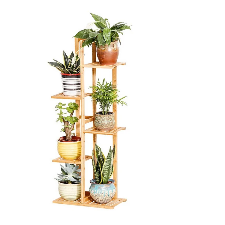 custom 5-tiers Bamboo Vase Shelf Stand Adjustable vase rack Multi Function Wooden planter Flower rack for Indoor and Outdoor for wholesale