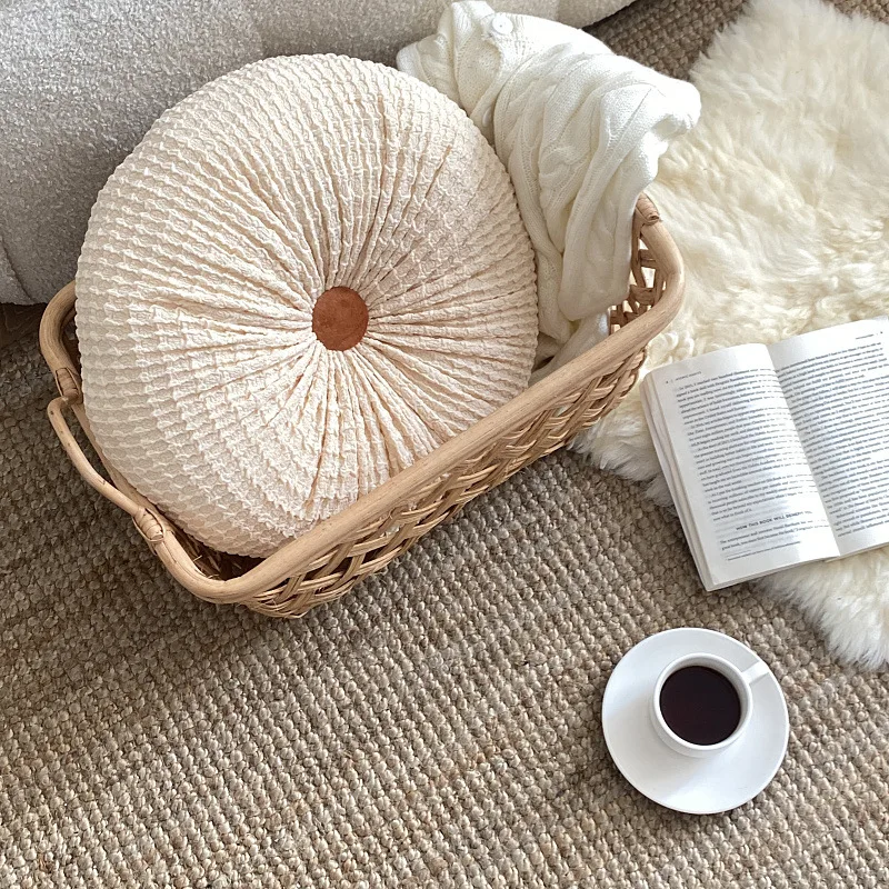 Decorative 3D Pumpkin Round Throw Pillow Velvet Pleated Sofa Pillow Cushion for Couch Chair Bed Car Home Decoration