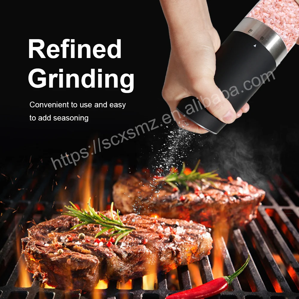 Silver battery powered with LED light automatic operation stainless steel gravity electric mill pepper and salt grinder set