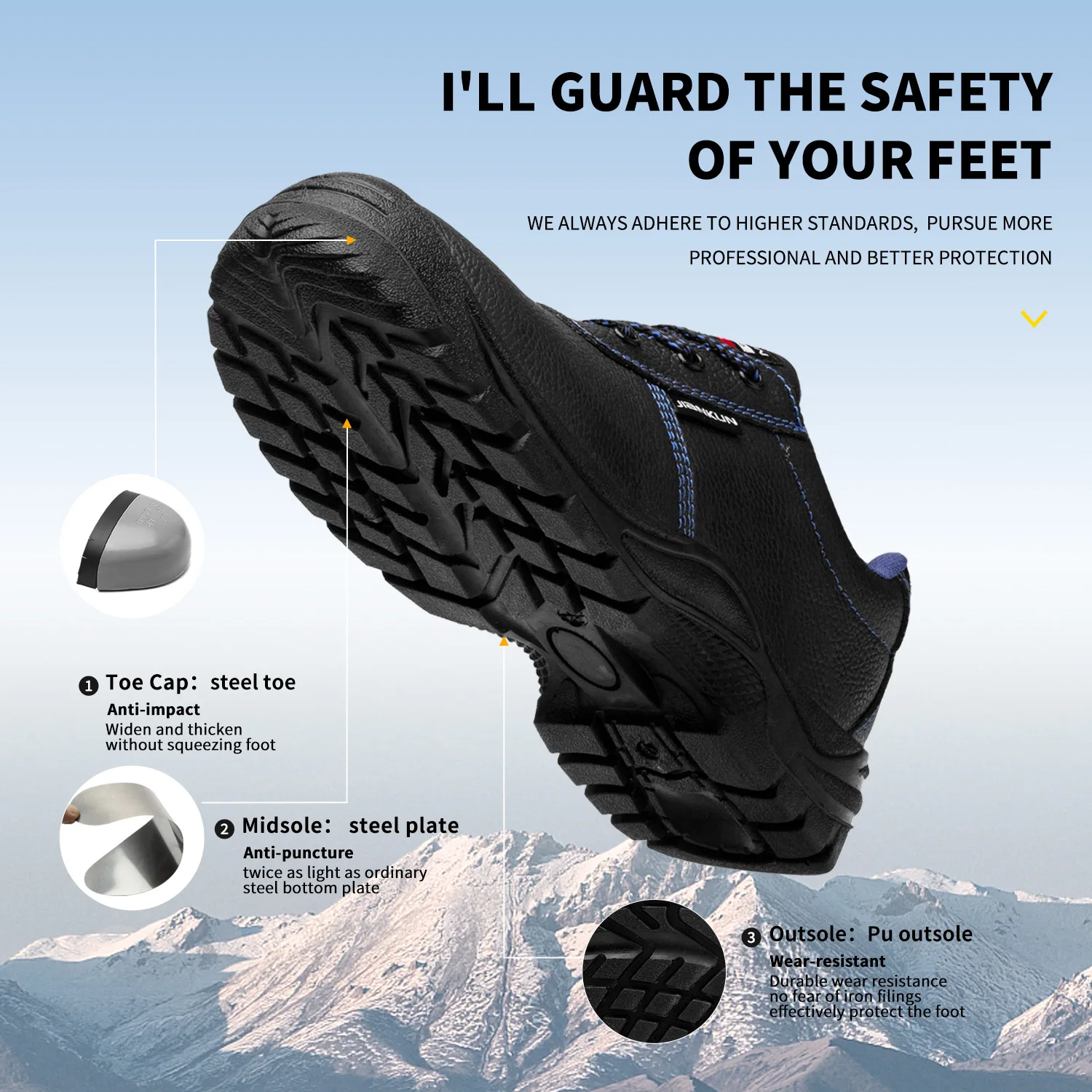 JIANKUN Industrial anti slip safety shoes for men    leather stainless steel toe rings Anti-Impact Protective Safety Feature