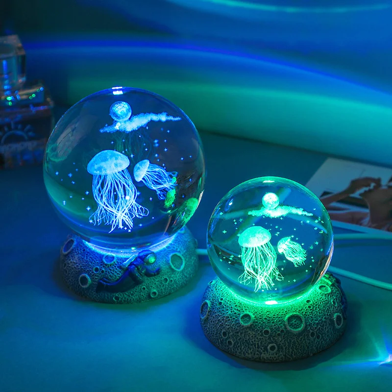 Jellyfish Dolp hin Star fish Laser Carved Table lamp Creative 3D Crystal Ball Night Light For Decoration