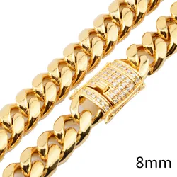 Mens Miami Cuban Link Chain 18K Gold plated 8/10/12/14/16/18mm Stainless Steel Curb Necklace with cz Diamond Chain Choker