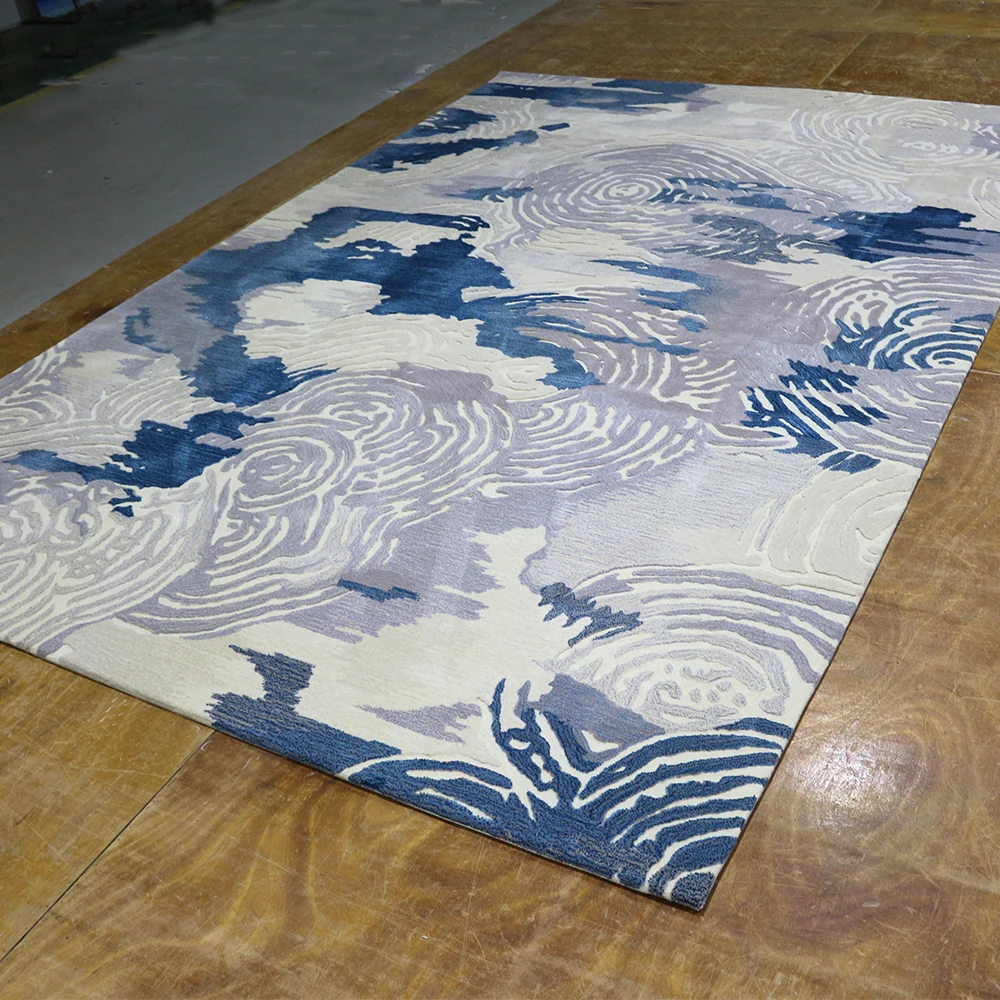 Wholesale price high end blue and grey jacquard rose handmade large luxury rug carpet