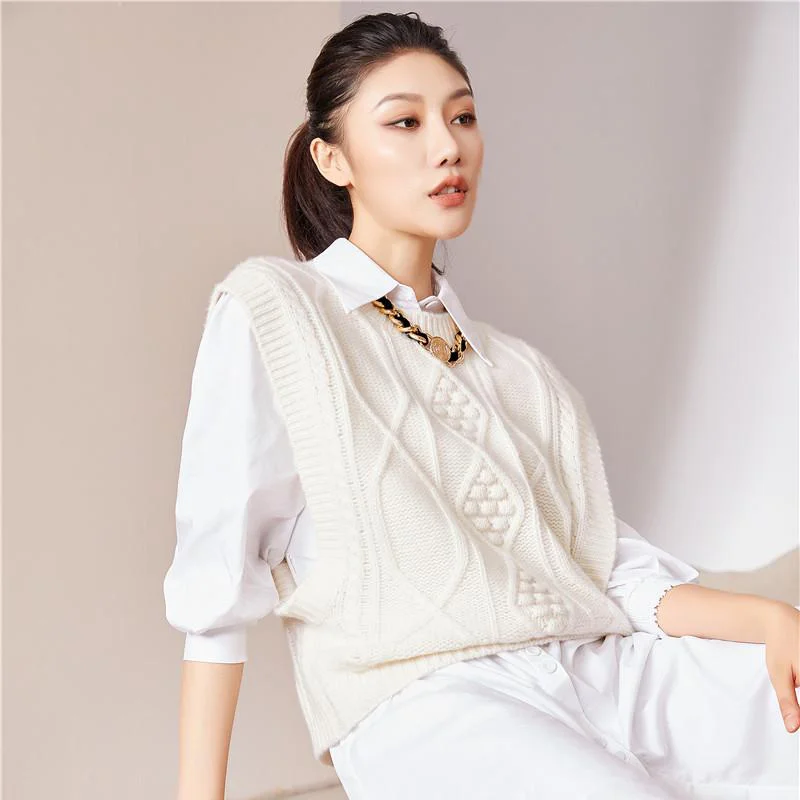 Fashion Design 4 Colors Women Cable Knit Pattern 100% Cashmere Sweaters Vest Pullovers