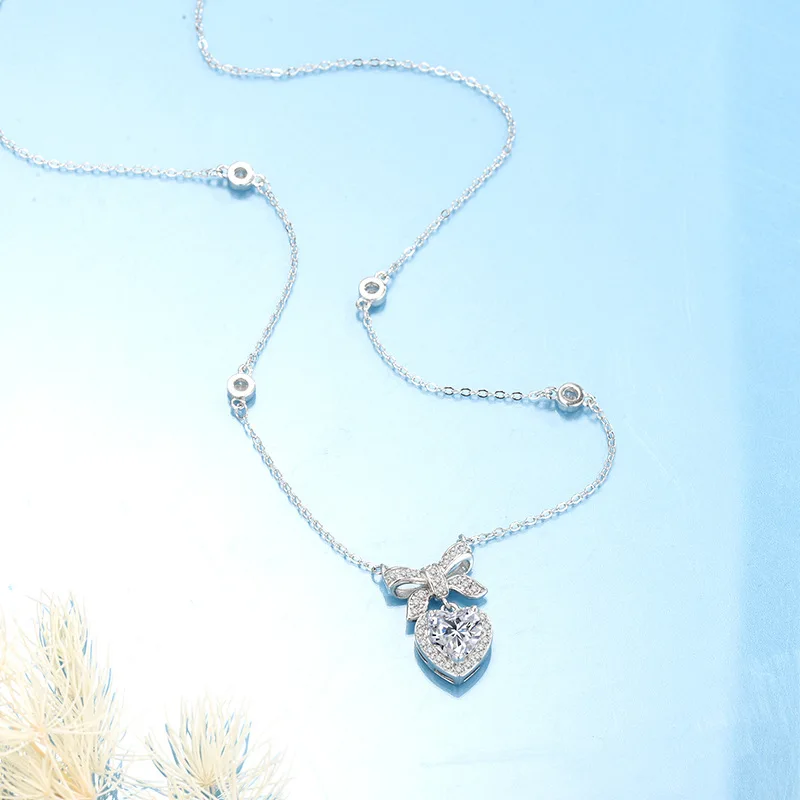 QIUHAN OEM New S925 Silver Pink Zircon Bow Tie Princess Knot Love Necklace