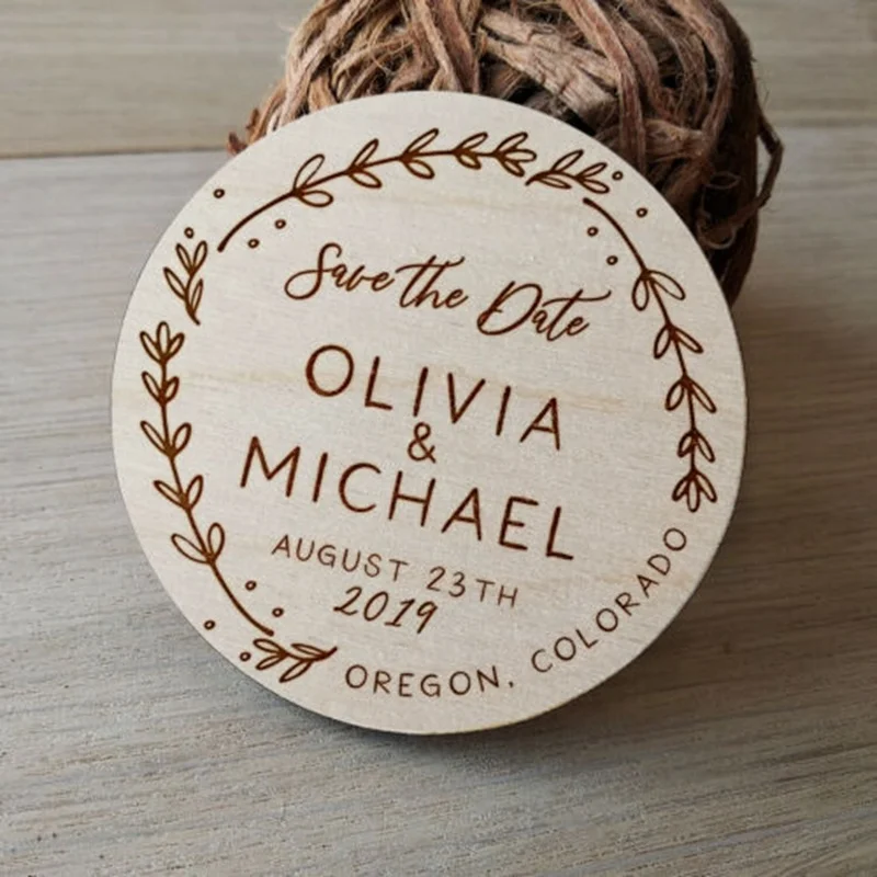 custom personalized engraved save the date magnetic fridge sticker wooden wedding card