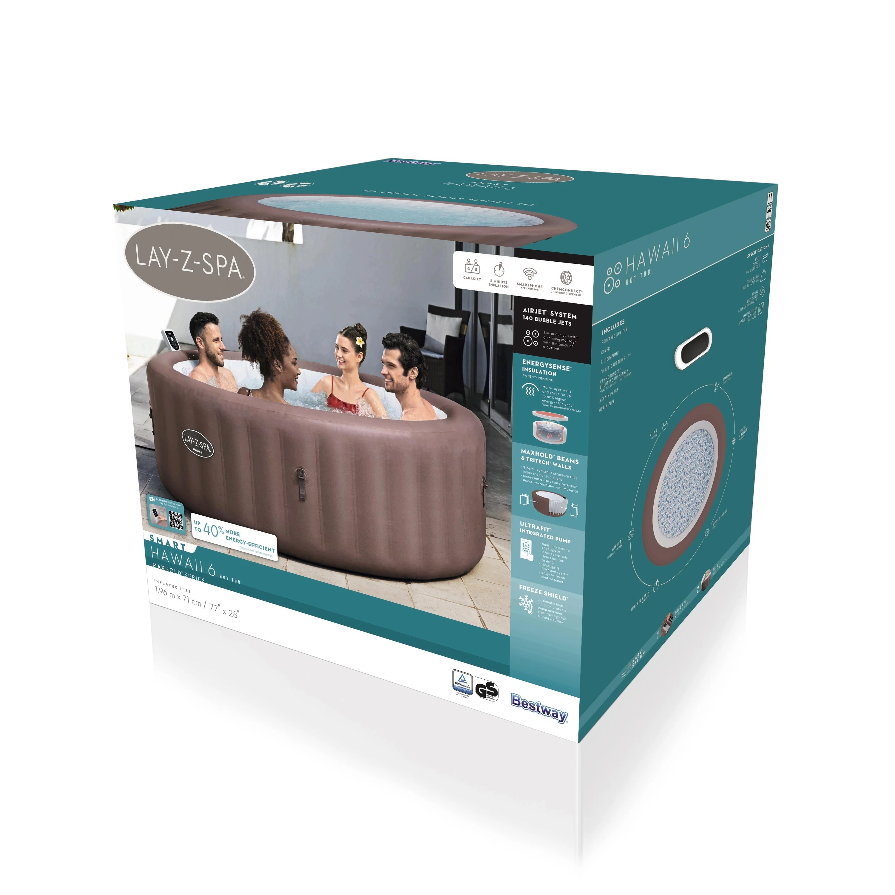 BESTWAY 6001 г Lay-Z-Spa Hawaii Энергоэффективная умная надувная гидромассажная Ванна с управлением приложением на 4-6 человек 1 96 м х 71 см