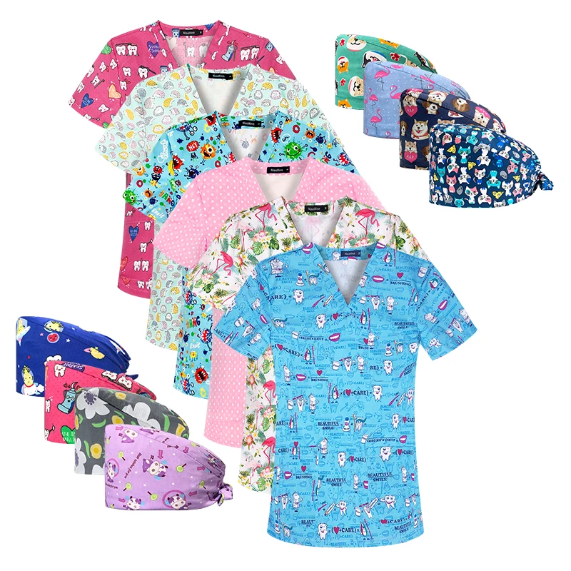 2024 Factory Manufacture Short Sleeve Breathable Medical Uniforms Women Customize Printed Patterns Scrubs Shirt for Nurse Doctor