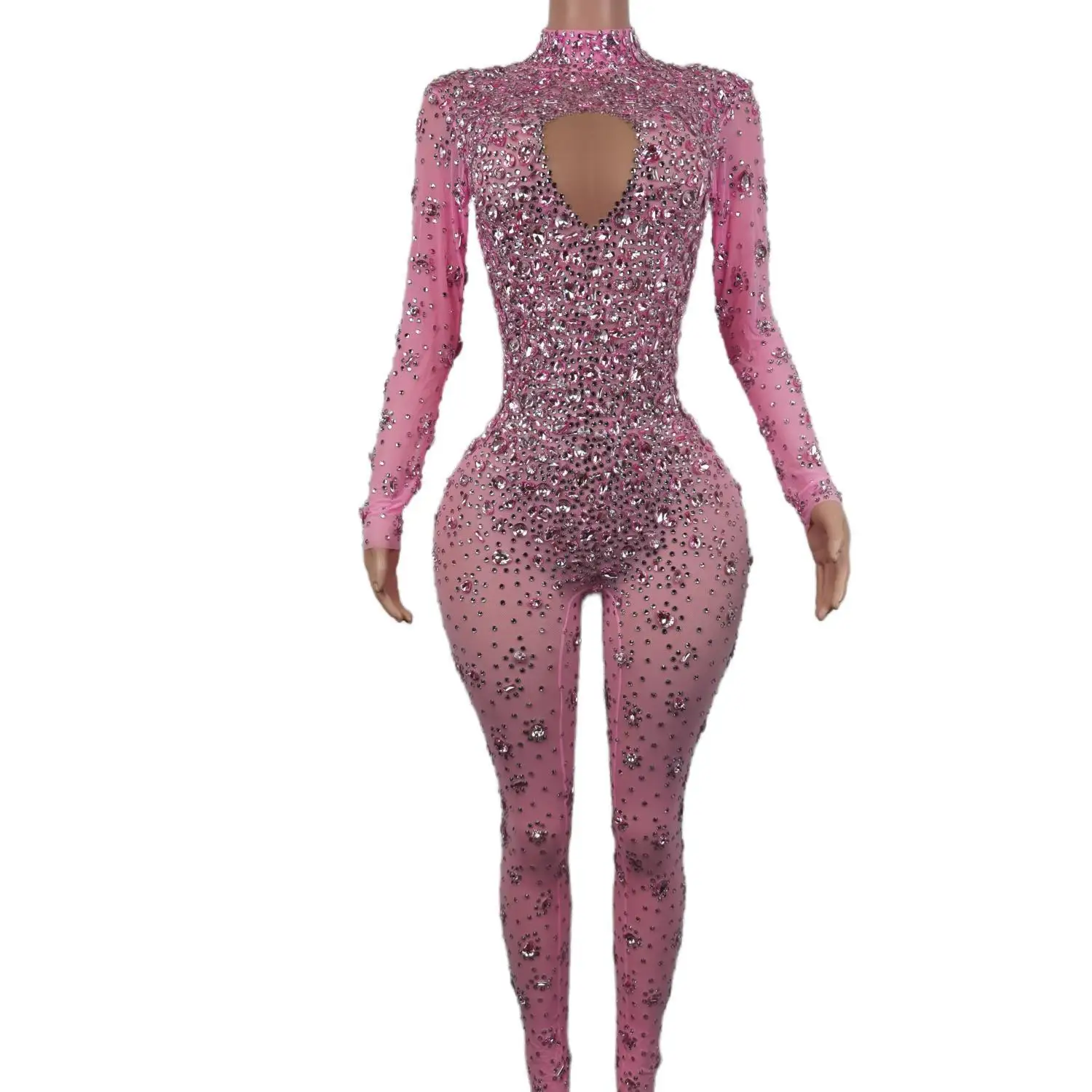 Sexy Mesh Long Sleeves Rhinestone One Piece Bodysuit Women Bodycon Rompers Dancer Festival Outfit Ladies Party Diamond Jumpsuit