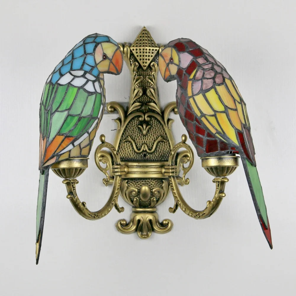 LongHuiJing Tiffany Style Wall Sconce Light Fixture For Bar Cafe Studio Home Decor Stained Glass Vintage Antique Style Parrots