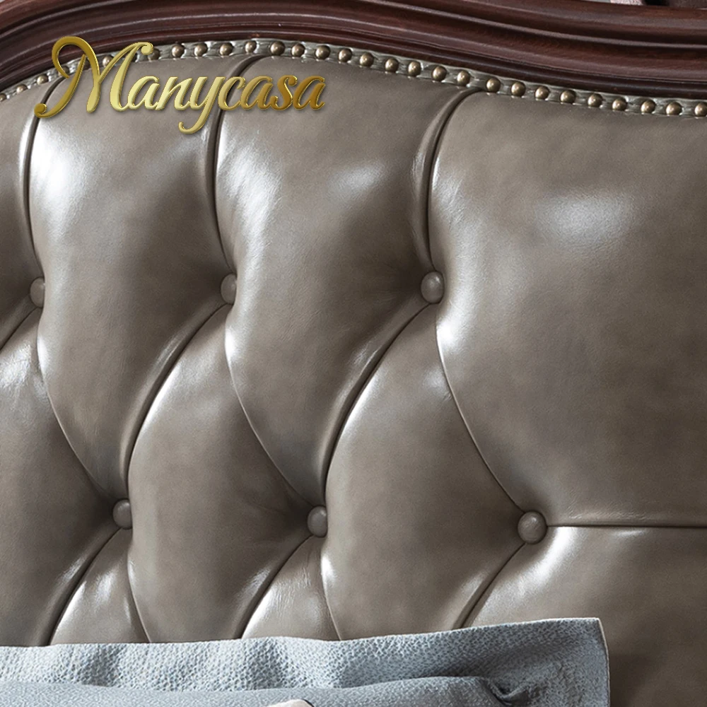 Роскошное винтажное деревянное резьбовое двухместное обивочное кожаное изголовье кровати из массива дерева