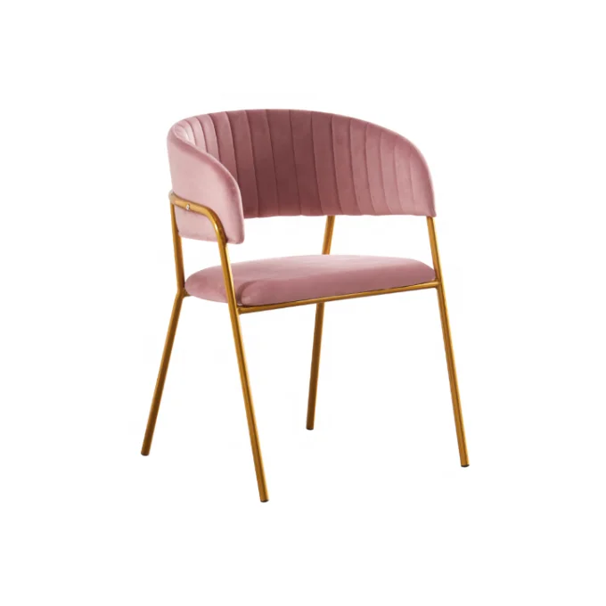 Pink Fast Food Restaurant Dinning Chairs Fabric Armrest Velvet Button Coffee Shop Dining Chair With Golden Steel Metal Legs