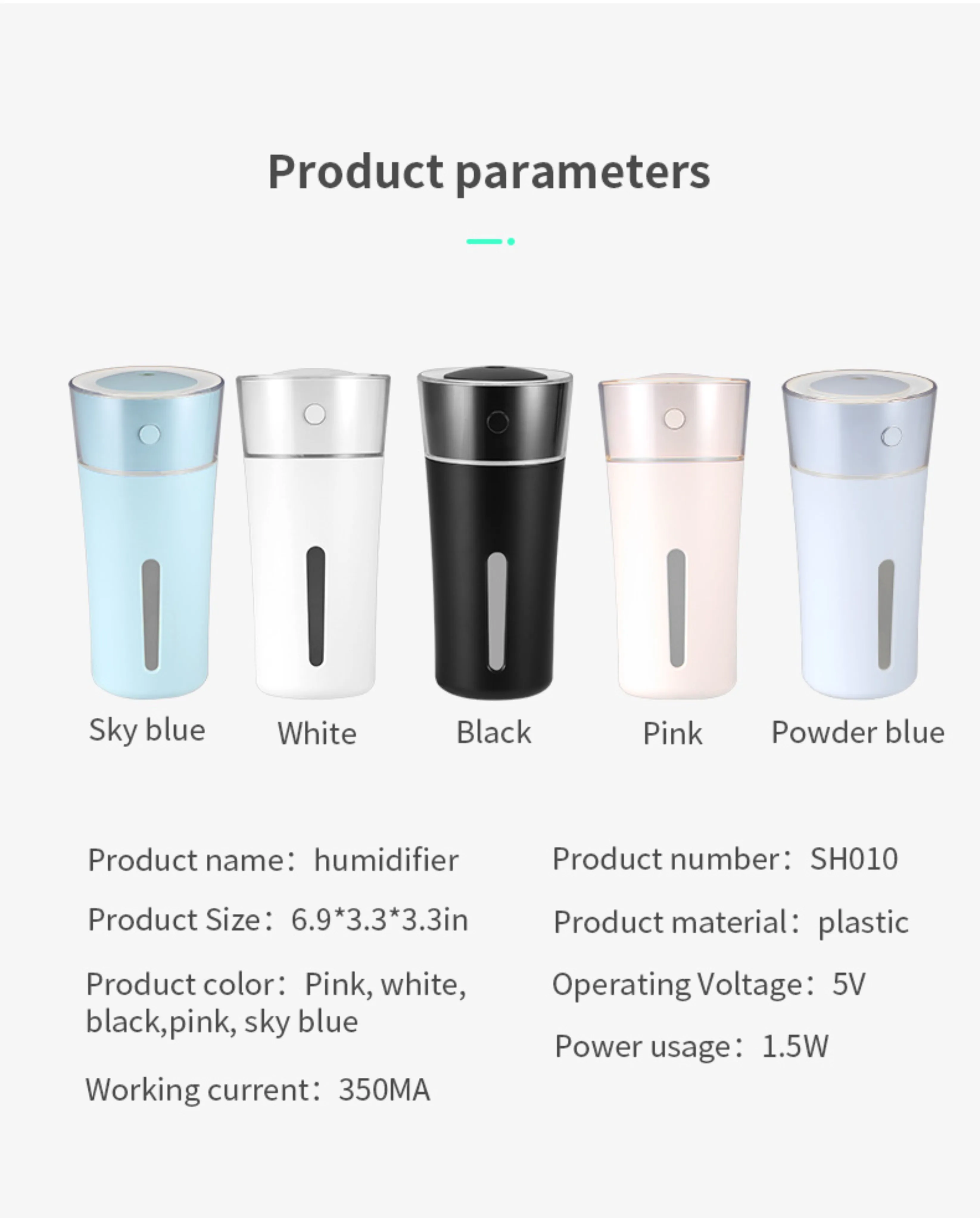 New arrival portable USB night light home office car 330ml humidifier