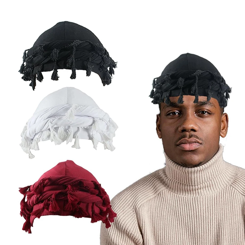 Turban for Men Women Satin Lined Durag Head Wraps Skull Cap Pre-Tied Tassels Braid Beanie Vintage Twist Bonnet