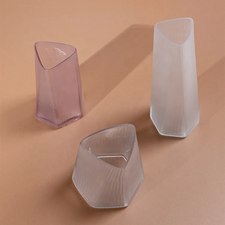 Bixuan Handmade Mouthblown Art Glass Flower Vase Unique Sanding Surface Design Geometrical Shape Solid Matte Color Flower Vases