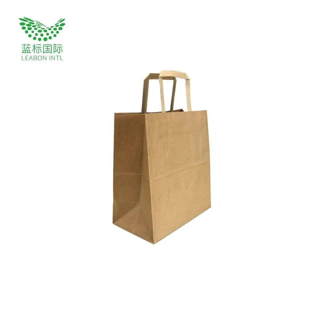 Custom Made Eco Friendly Biodegradable Flat Paper Handles Brown Takeaway Fast Food Kraft Paper Bag For Restaurant Packaging